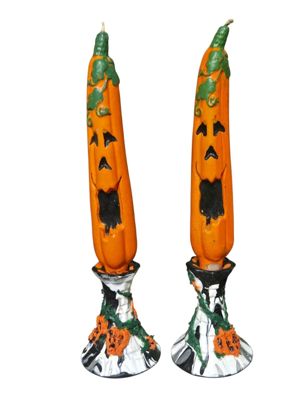 Halloween 4 piece set 2 vintage pumpkin candles hand-painted candle holders